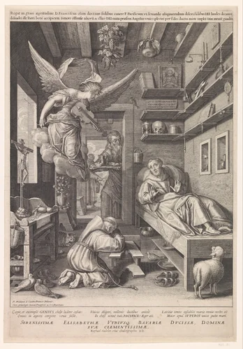 Heilige Franciscus op zijn ziekbed by Unknown, print, 1593-1632