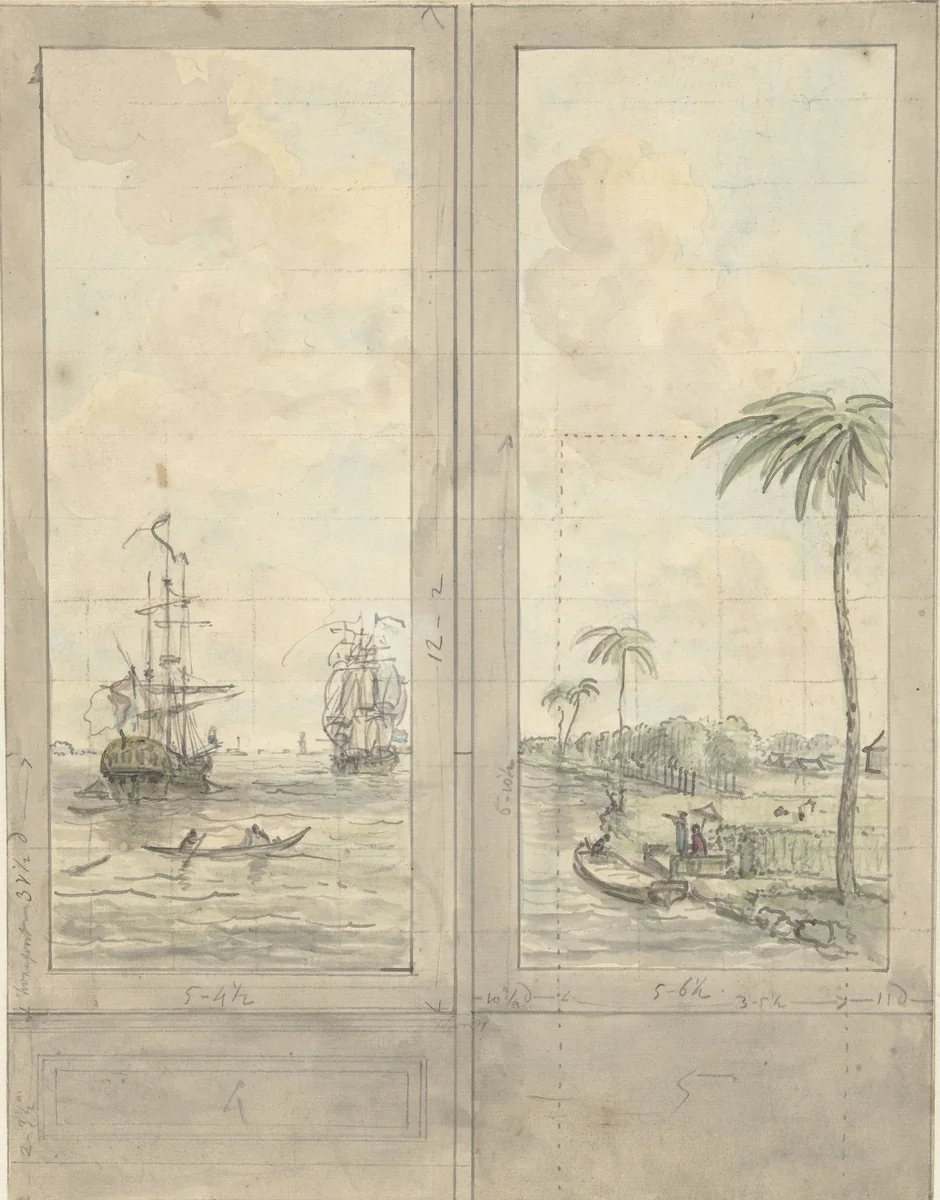 Ontwerp voor twee behangvlakken: rivier met schepen in de kolonieën by Jurriaan Andriessen, drawing, 1752-1819
