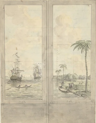 Ontwerp voor twee behangvlakken: rivier met schepen in de kolonieën by Jurriaan Andriessen, drawing, 1752-1819