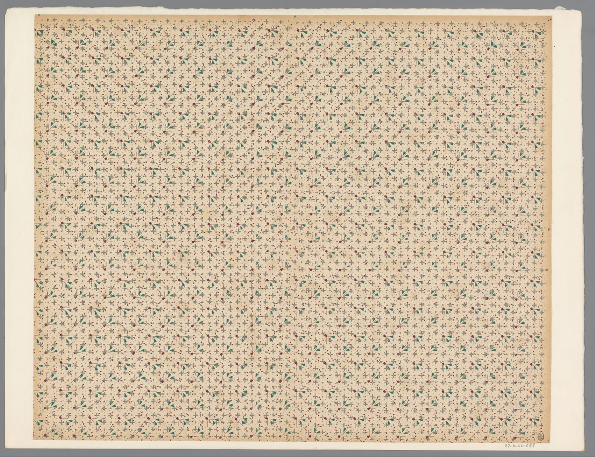 Blad met alternerend strooipatroon van kruisjes en stippen over bladmotief met puntenfond by anonymous, print, 1800-1900