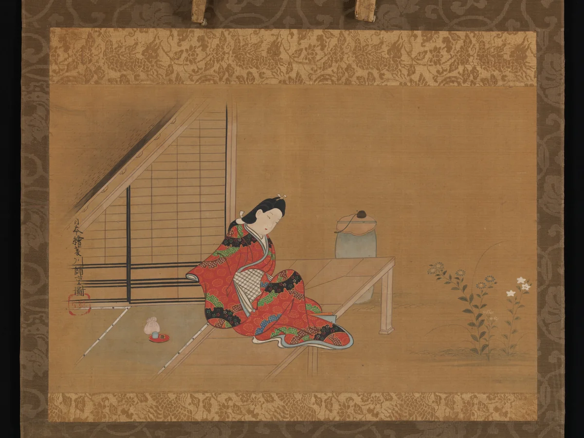 Young Woman on a Veranda by Furuyama Moroshige, painting, 1650-1699