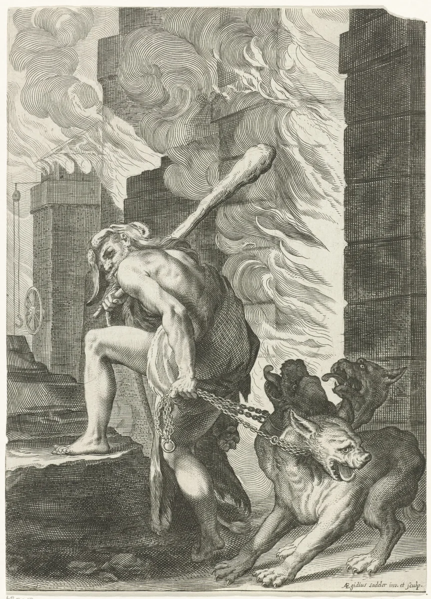 Hercules en Cerberus by Unknown, print, 1580-1629