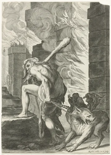 Hercules en Cerberus by Unknown, print, 1580-1629
