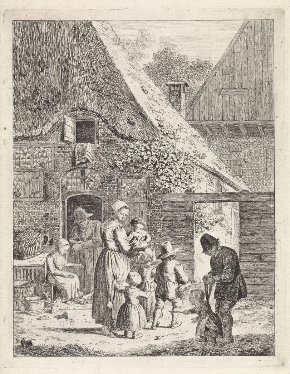 Boeren en kinderen bij boerderij by Johannes Christiaan Janson, print, 1778-1823