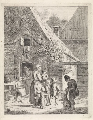 Boeren en kinderen bij boerderij by Johannes Christiaan Janson, print, 1778-1823