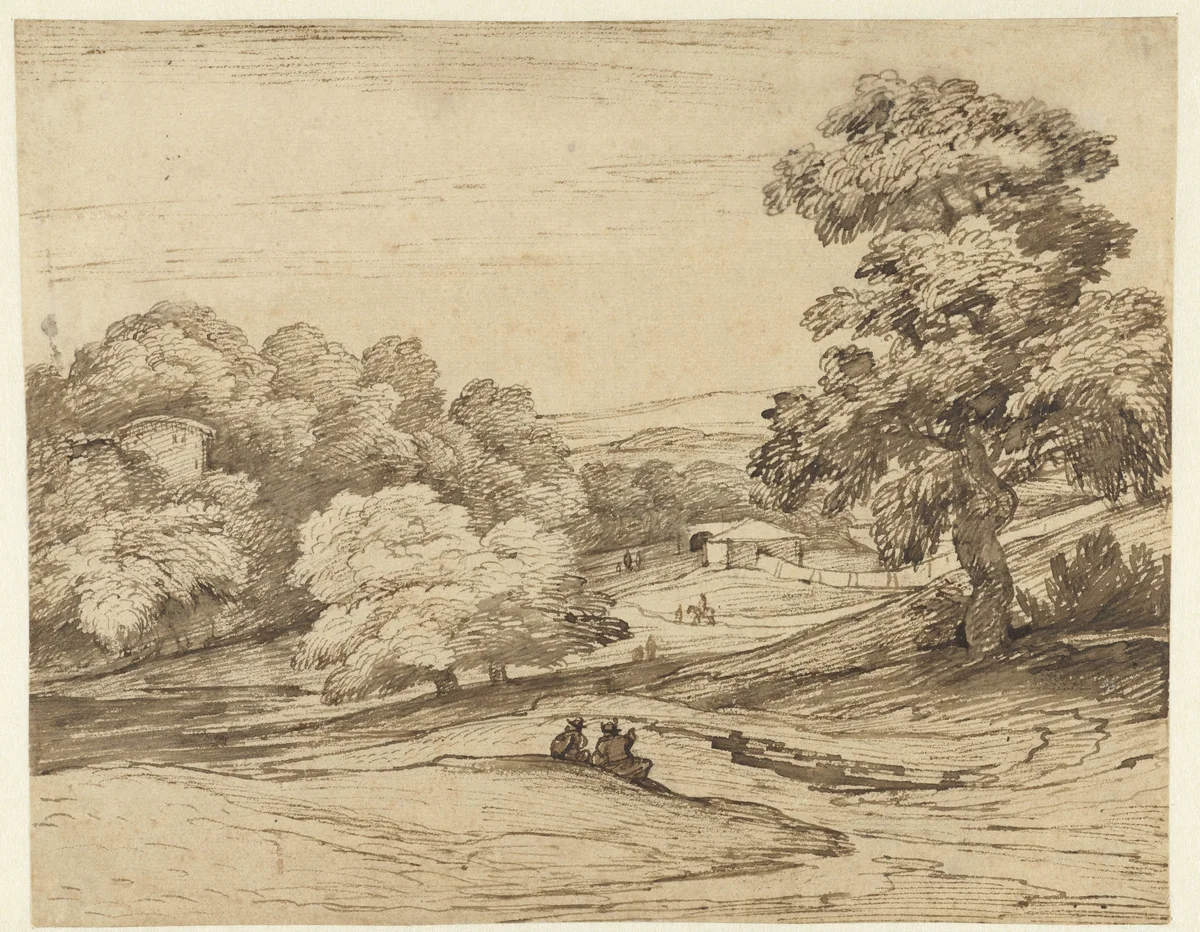 Landschap met in de verte een muur by Jacob Esselens, drawing, 1636-1687