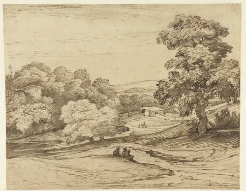 Landschap met in de verte een muur by Jacob Esselens, drawing, 1636-1687
