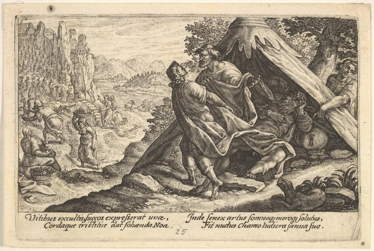 Drunkenness of Noah: Shem and Japheth cover the naked body of Noah, who lies in a tent, a male figure at far right points to Noah, from "Liber Genesis" by Crispijn de Passe, print, 1612