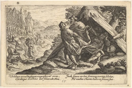 Drunkenness of Noah: Shem and Japheth cover the naked body of Noah, who lies in a tent, a male figure at far right points to Noah, from "Liber Genesis" by Crispijn de Passe, print, 1612