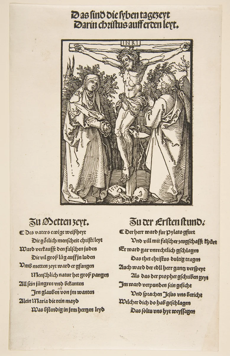 Christ on the Cross between the Virgin and Saint John (first sheet of two) by Albrecht Dürer, print, 1510