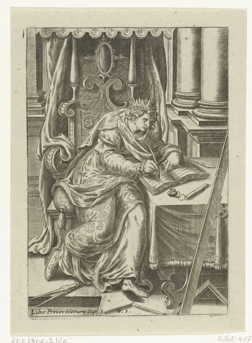 Koning Salomo schrijft het Bijbelboek Spreuken by Abraham de Bruyn, print, 1577-1583