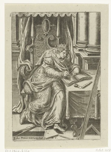 Koning Salomo schrijft het Bijbelboek Spreuken by Abraham de Bruyn, print, 1577-1583