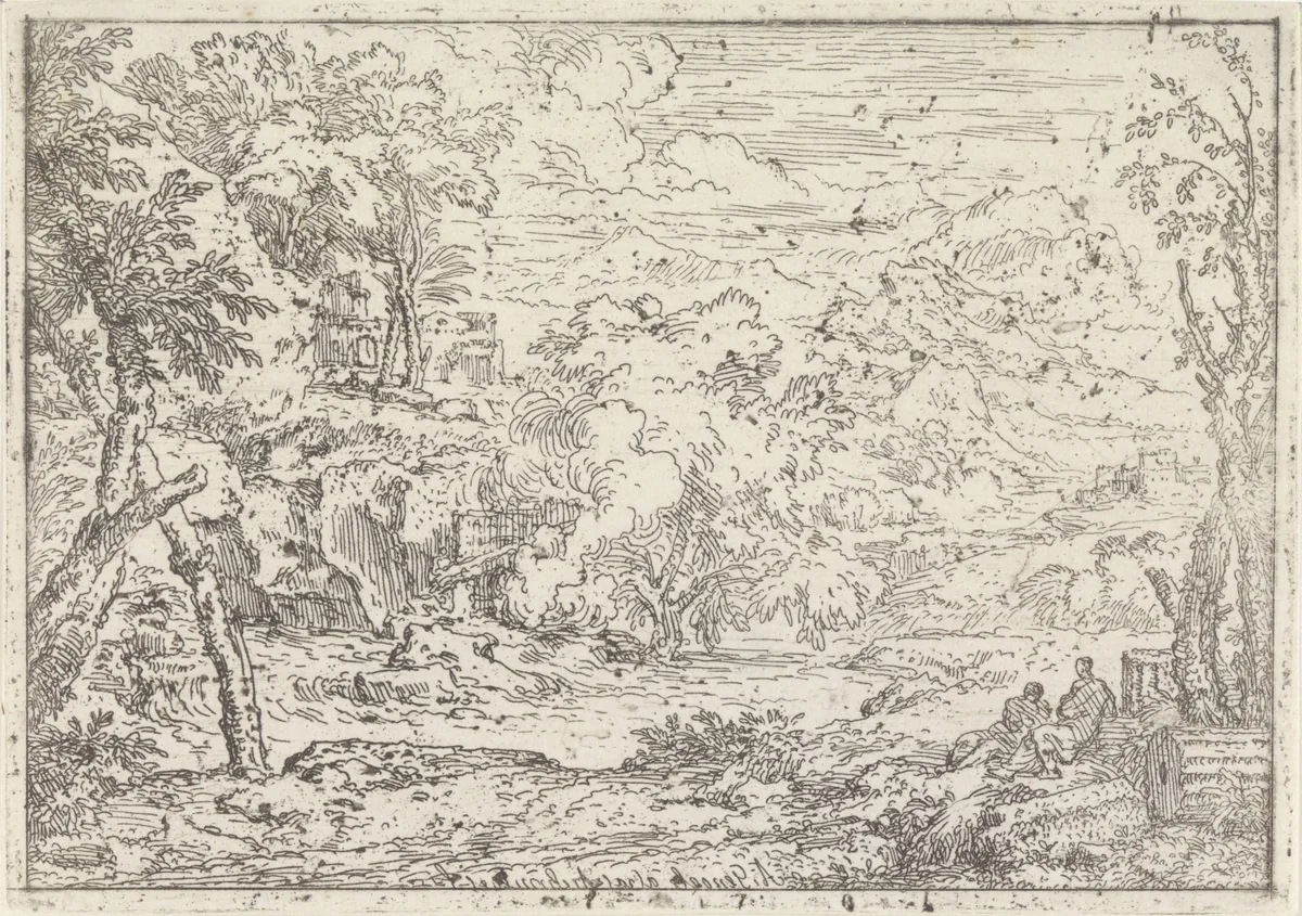 Landschap met ruïnes by Abraham Genoels, print, 1650-1723
