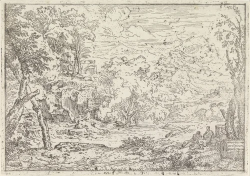 Landschap met ruïnes by Abraham Genoels, print, 1650-1723