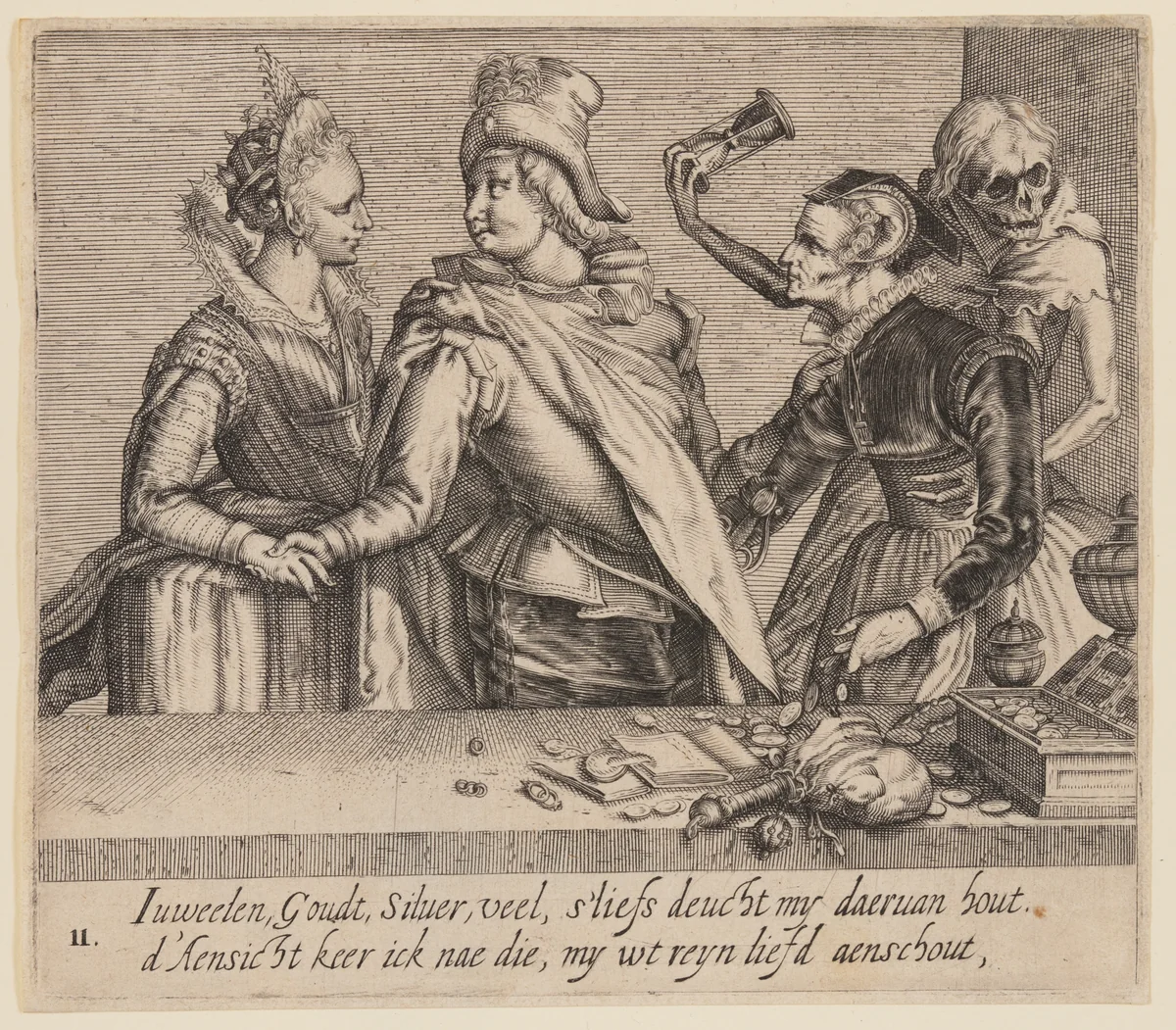 A Young Man between a Young Woman and an Old Woman, from Unequal Lovers by Andries Stock, print, 1605-1615