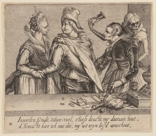 A Young Man between a Young Woman and an Old Woman, from Unequal Lovers by Andries Stock, print, 1605-1615