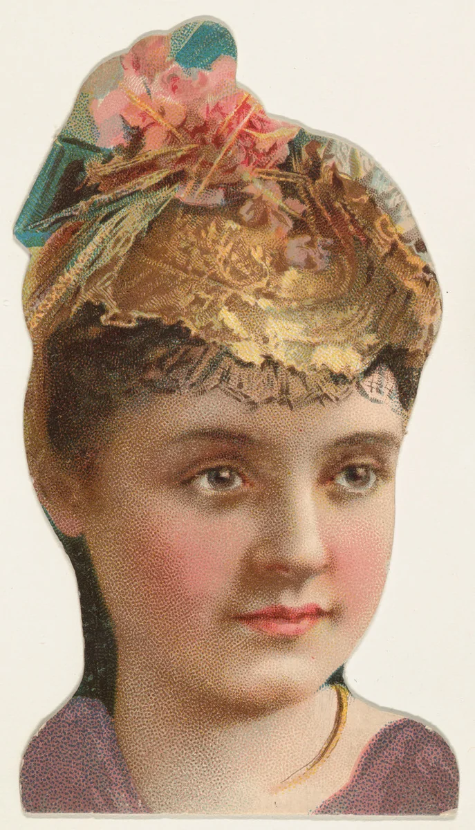 Actress wearing hat with pink flowers and blue bow, from Stars of the Stage, Fourth Series (N132) issued by Duke Sons & Co. to promote Honest Long Cut Tobacco by W. Duke, Sons & Co., print, 1892-1893