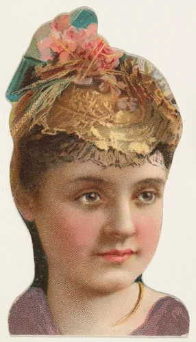 Actress wearing hat with pink flowers and blue bow, from Stars of the Stage, Fourth Series (N132) issued by Duke Sons & Co. to promote Honest Long Cut Tobacco by W. Duke, Sons & Co., print, 1892-1893