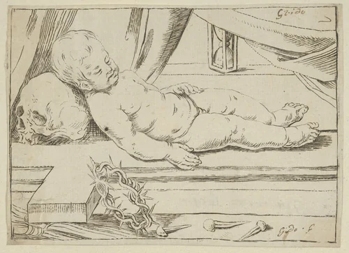 The infant Christ asleep on a cross, his head resting on a skull, a crown of thorns and nails in the foreground by anonymous, print, 1600-1699