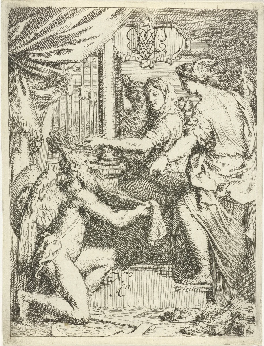 De Tijd knielt voor een handwerkster bij een weefgetouw by Gerard de Lairesse, print, 1675-1680
