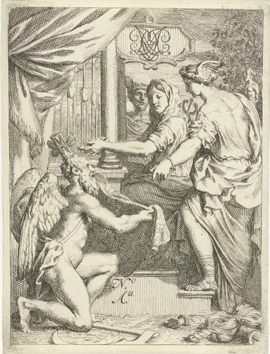 De Tijd knielt voor een handwerkster bij een weefgetouw by Gerard de Lairesse, print, 1675-1680