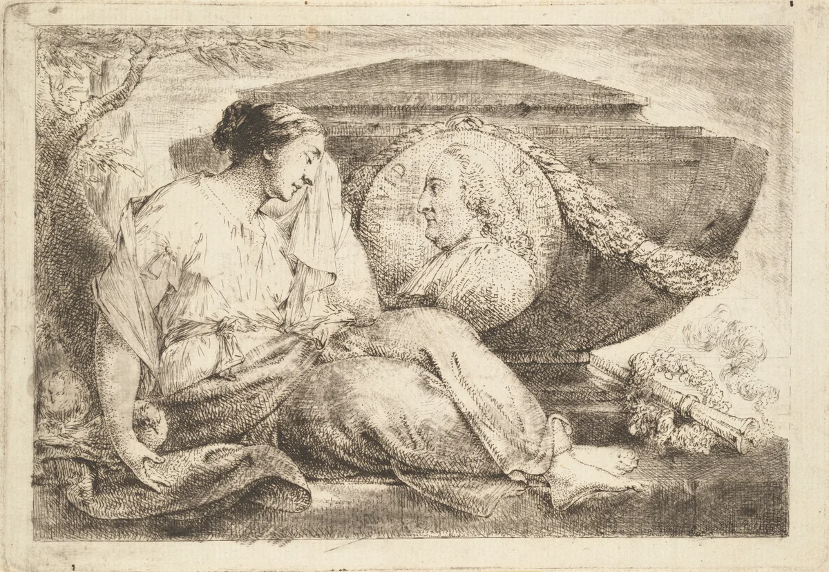 Love Mourns at the Tomb of Preacher Bruhn (Am Grabmal des predigers Bruhn trauert die eheliche Liebe) by Bernhard Rode, print, 1790