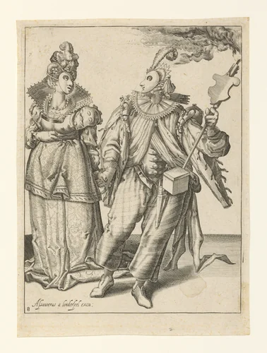Copy of a Woman Led by a Player Holding a Torch, from The Masquerades by Jacques de Gheyn II, print, 1595-1605