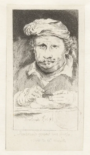 Self-portrait, drawing on an etching-plate by Pierre François Basan, print, 1733-1797