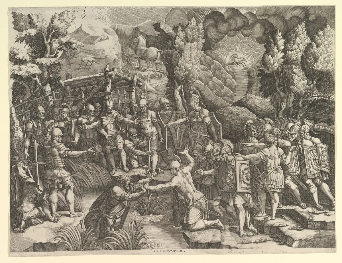 Sinon Deceiving the Trojans by Giorgio Ghisi, print, 1540-1549