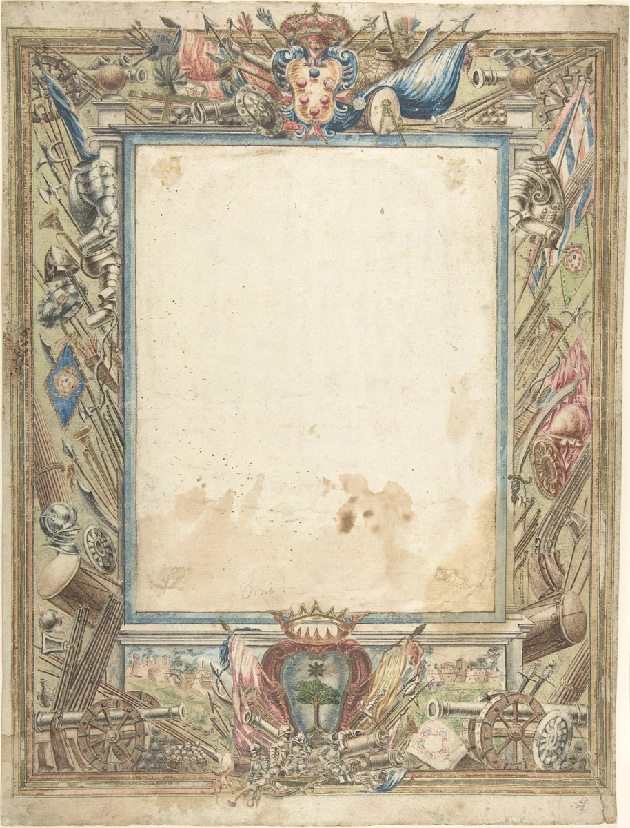 Design for a Frame with Armorial Trophies, the Medici Coat of Arms and a Second Coat of Arms, possibly of the Alberighi Family (?) by anonymous, drawing, 1500-1600