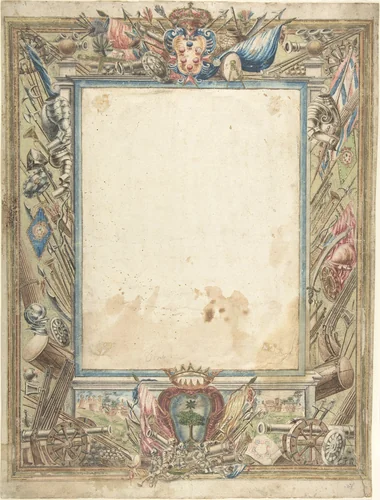 Design for a Frame with Armorial Trophies, the Medici Coat of Arms and a Second Coat of Arms, possibly of the Alberighi Family (?) by anonymous, drawing, 1500-1600