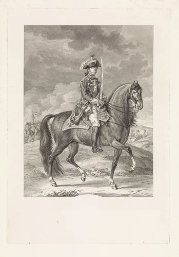 Portret van Willem V, prins van Oranje-Nassau te paard by Reinier Vinkeles, print, 1779