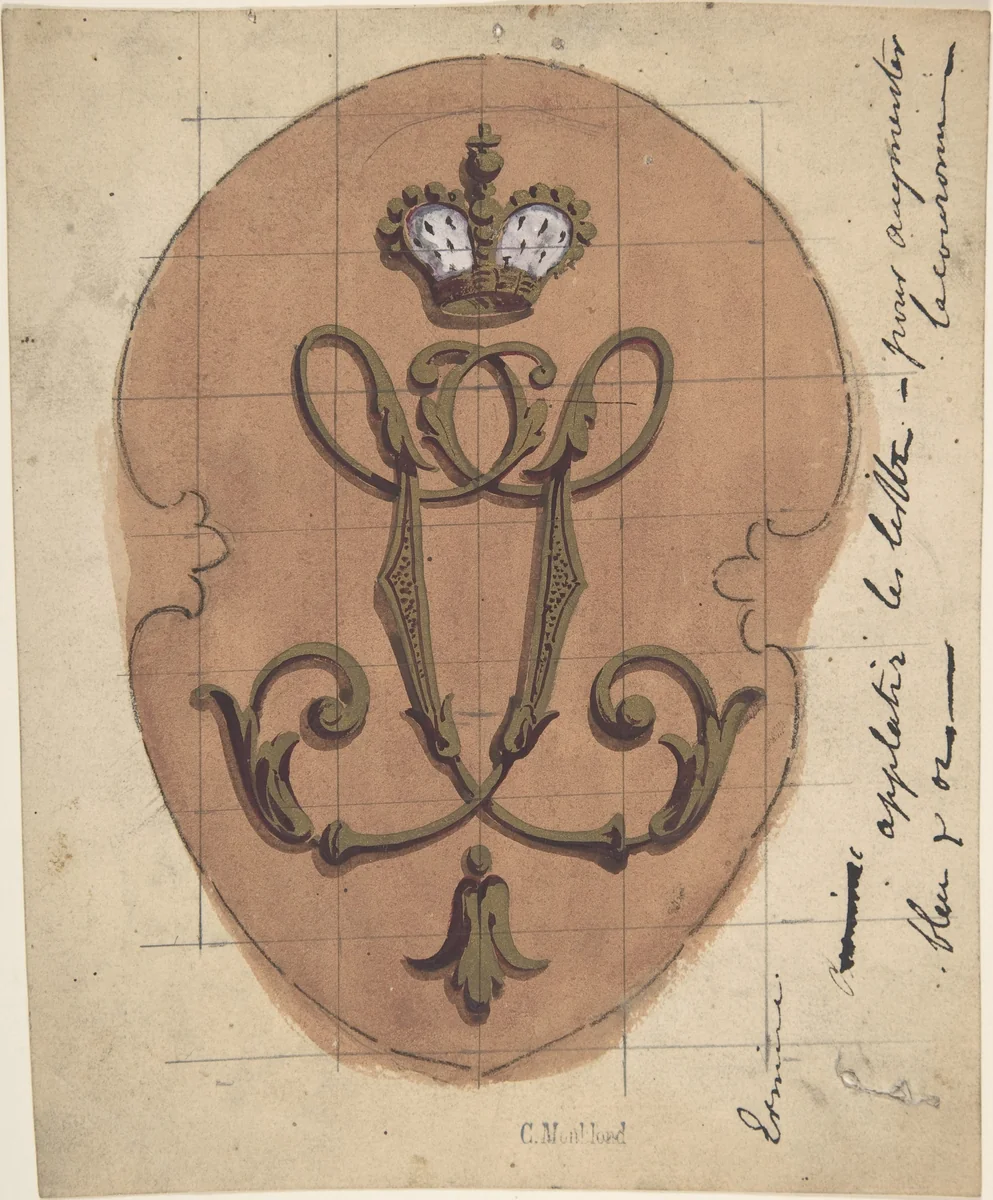 Design for a Monogram Surmounted by a Crown by Charles Monblond, drawing, 1800-1899