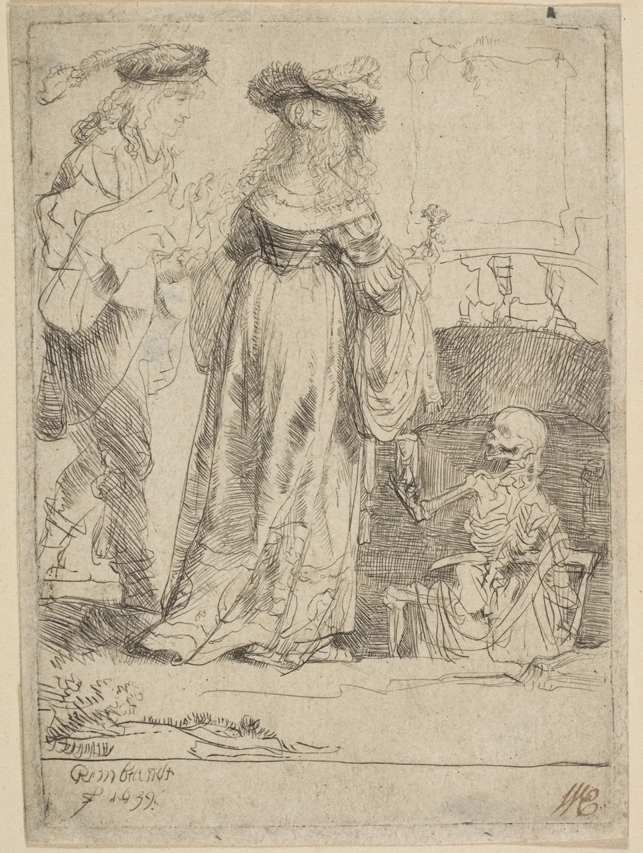 Death Appearing to a Wedded Couple from an Open Grave by Rembrandt van Rijn, print, 1639