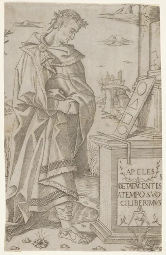 Apelles standing profile looking at a tablet of geometric figures by Nicoletto da Modena, print, 1500-1510