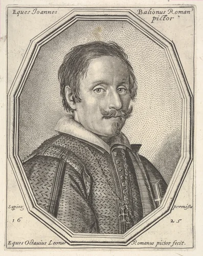 Giovanni Baglione, a bust-length portrait in a twelve-sided frame by Ottavio Leoni, print, 1625