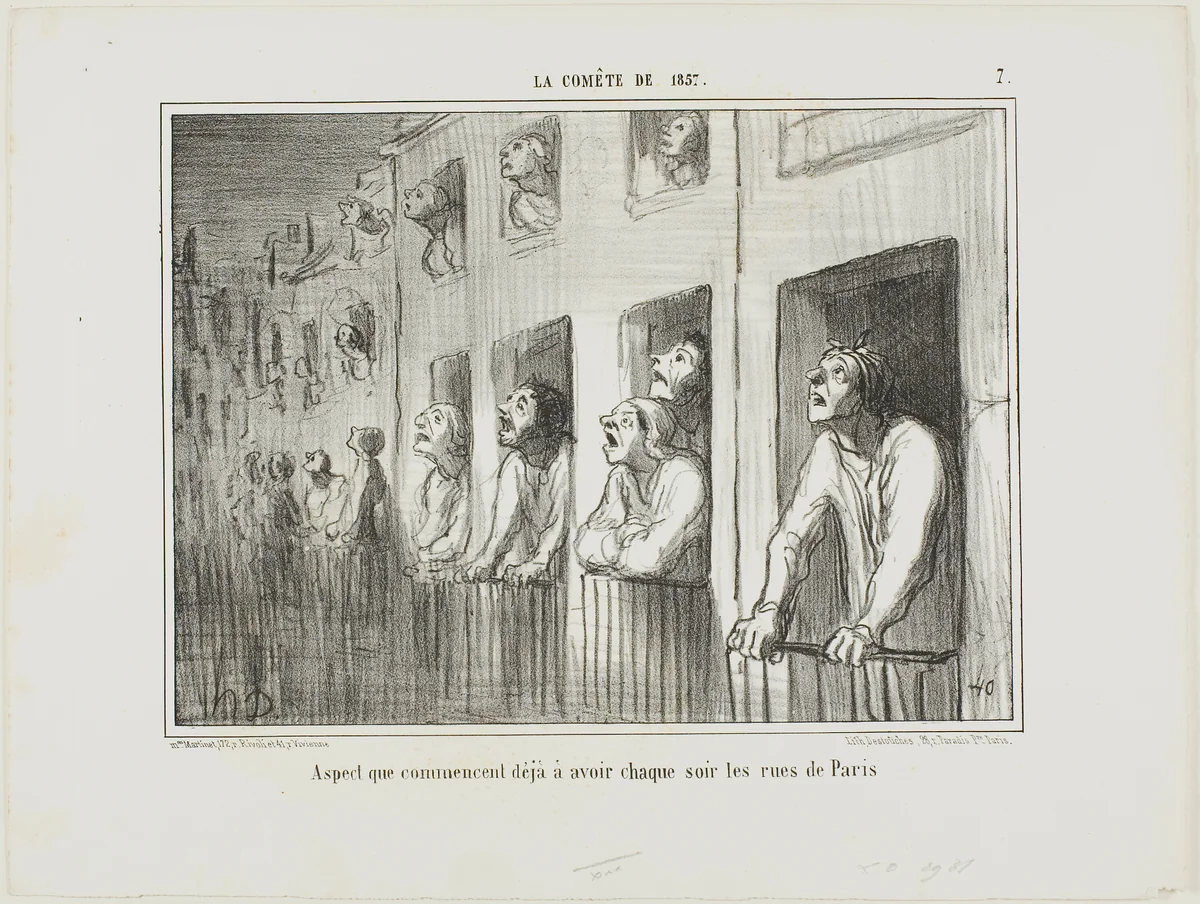The streets of Paris are beginning to look like this every night, plate 7 from La Cométe De 1857 by Honoré-Victorin Daumier, print, 1857