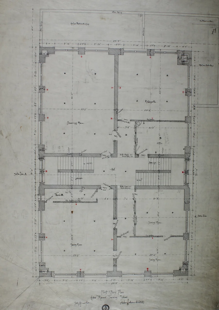 Hebrew Manual Training School, Chicago, Illinois, First Story Plan by Adler and Sullivan, drawing, 1889-1890