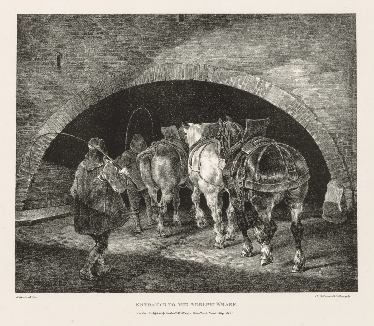Various Subjects Drawn from Life and on Stone: Entrance to Adelphi Wharf by Théodore Géricault, print, 1821