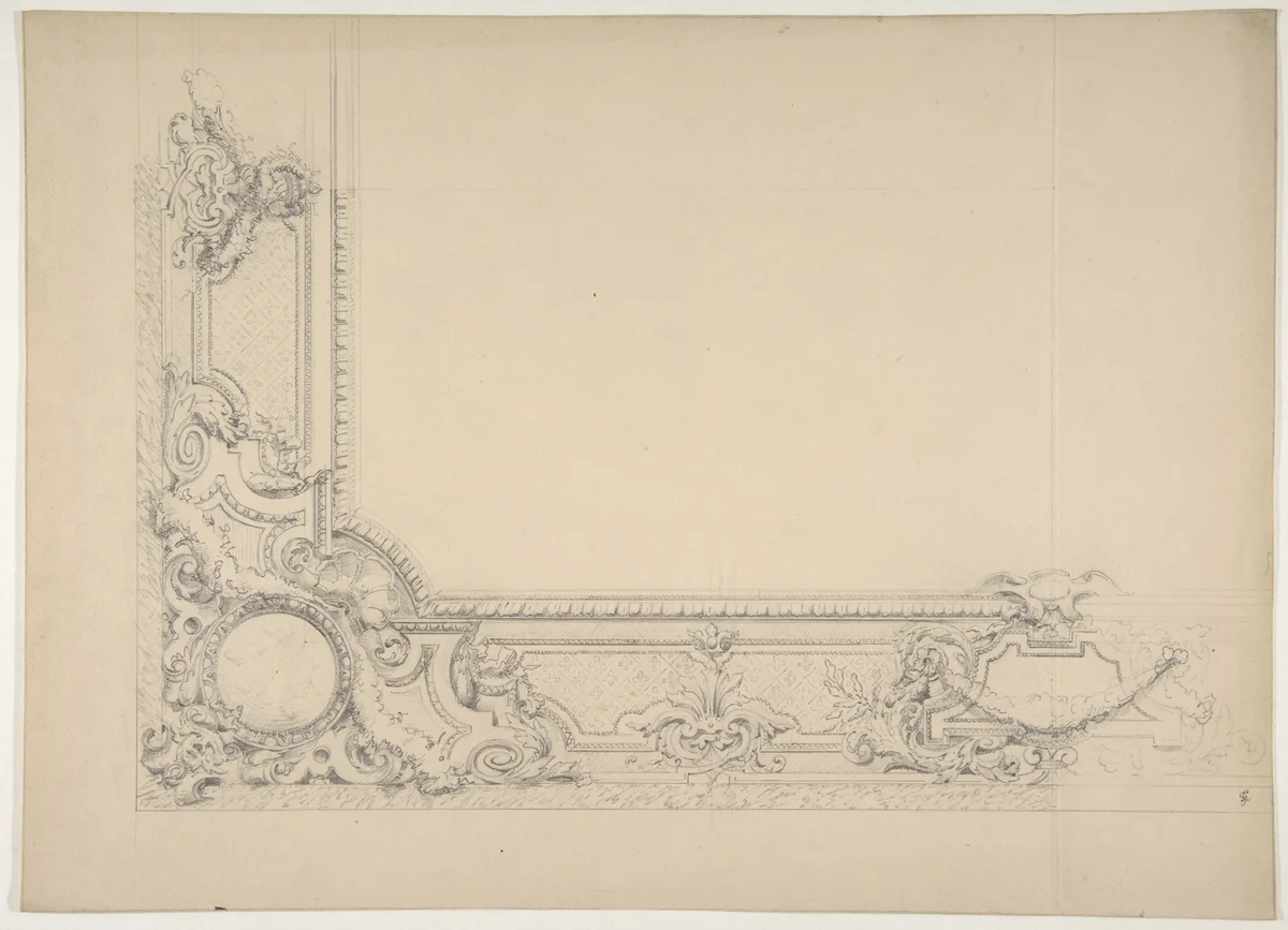 Partial design for a ceiling with an ornate border by Jules-Edmond-Charles Lachaise, drawing, 1830-1897