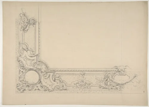 Partial design for a ceiling with an ornate border by Jules-Edmond-Charles Lachaise, drawing, 1830-1897