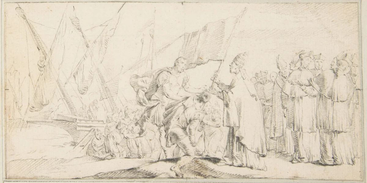 Illustration for a Book: Pope Handing a Banner to a Crusader, with Ships in the Background by Giovanni Battista Tiepolo, drawing, 1696-1770