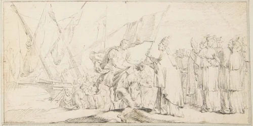 Illustration for a Book: Pope Handing a Banner to a Crusader, with Ships in the Background by Giovanni Battista Tiepolo, drawing, 1696-1770