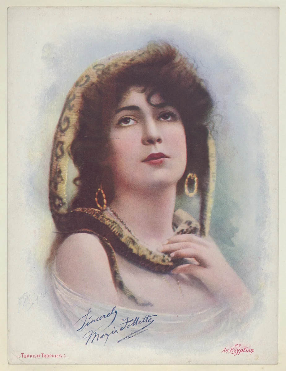 Marie Follette as an Egyptian, from the Actresses series (T1), distributed by the American Tobacco Co. to promote Turkish Trophies Cigarettes by Frederick Moladore Spiegle, print, 1900