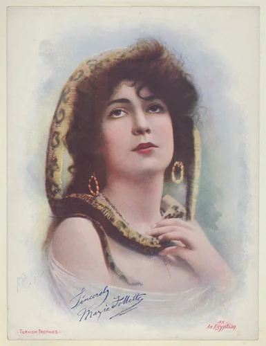 Marie Follette as an Egyptian, from the Actresses series (T1), distributed by the American Tobacco Co. to promote Turkish Trophies Cigarettes by Frederick Moladore Spiegle, print, 1900