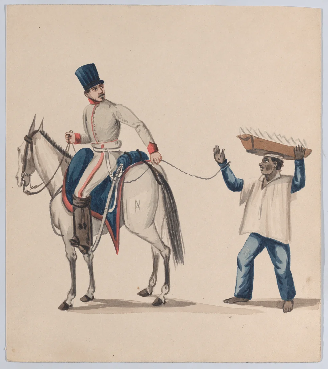 A soldier on horseback holding a rope that secures an enslaved indigenous man who is balancing a basket on his head; from a group of drawings depicting Peruvian dress by Francisco Fierro, drawing, 1843-1853