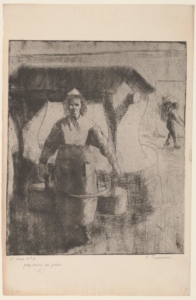 Woman at a Well by Camille Pissarro, print, 1891