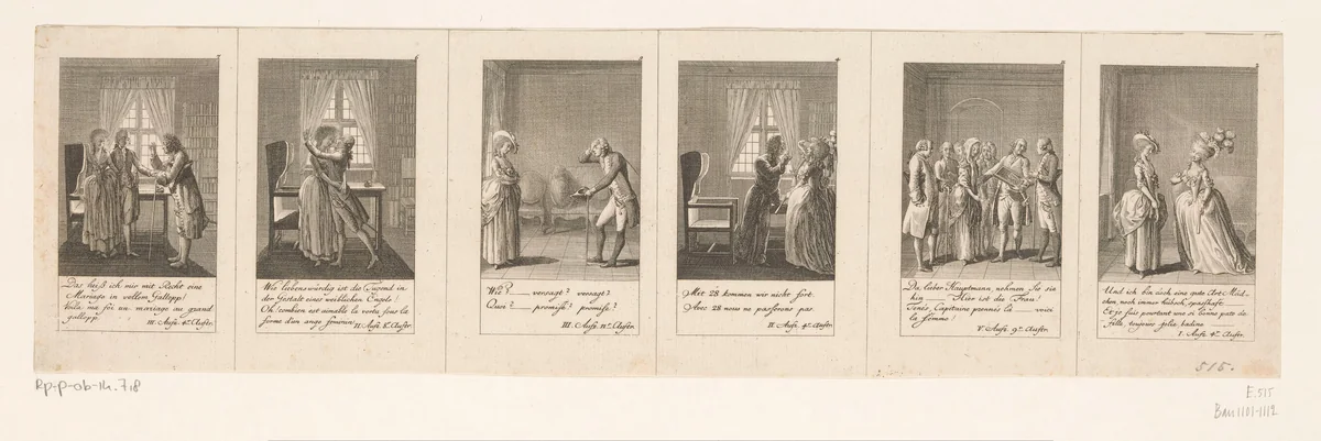 Zes voorstellingen uit Bretzners Eheprocurator by Daniel Nikolaus Chodowiecki, print, 1784