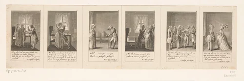 Zes voorstellingen uit Bretzners Eheprocurator by Daniel Nikolaus Chodowiecki, print, 1784