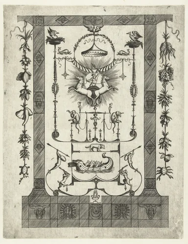 Architectuurfantasie met bovenaan Saturnus in zijn praalwagen by anonymous, print, 1530-1540